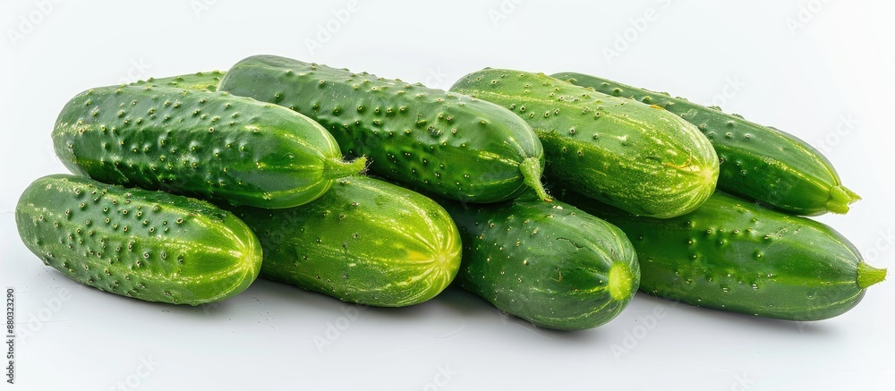 Poster Front view of a cluster of crisp green cucumbers isolated on a white background with room for text or a image alongside.