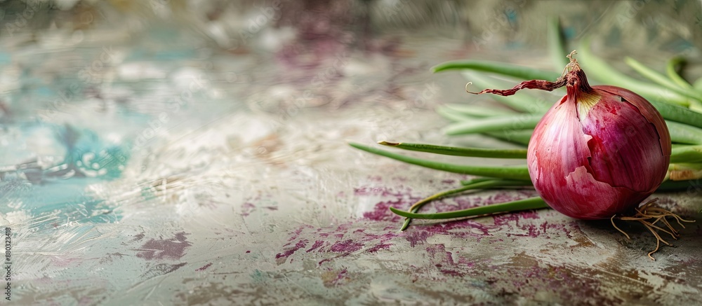 Aufkleber a ripe red onion with vibrant green foliage rests on the kitchen table in a fresh spring setting, id