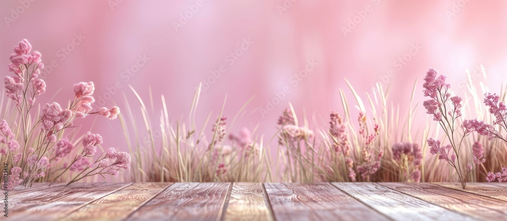 Poster Soft pink wooden backdrop with field grass and copy space image.