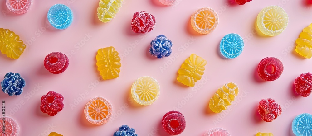 Poster A variety of delicious jelly candies displayed on a bright backdrop in a flat lay composition with room for text in the image.