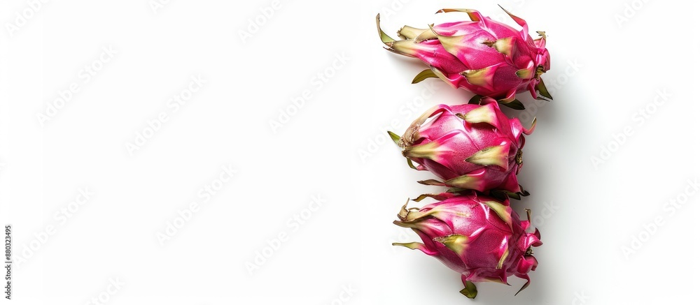 Poster dragon fruit, also known as pitaya or pitahaya, is showcased on a blank white backdrop for your text