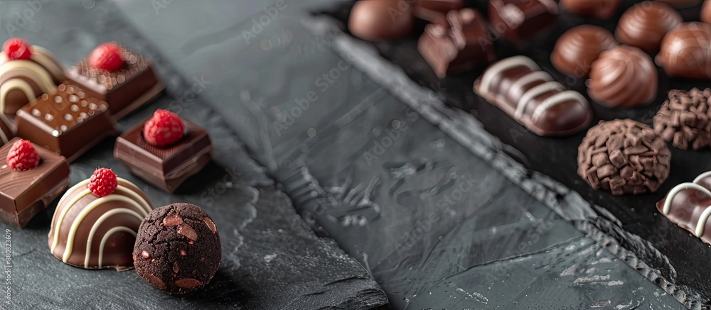 Poster Closeup image of various delicious chocolate candies on a slate plate with copy space image.