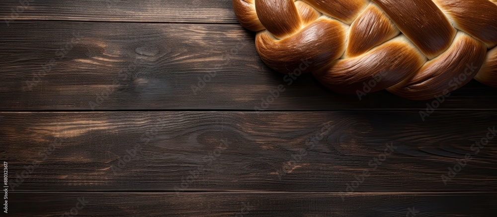 Poster top view of a raw challah jewish bread loaf placed on a rustic wooden surface with a blank space for