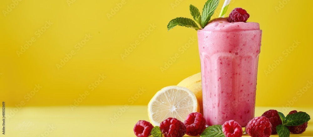 Poster Close up image of a raspberry smoothie with summer fruits on a pastel yellow background for a healthy lifestyle concept with copy space.