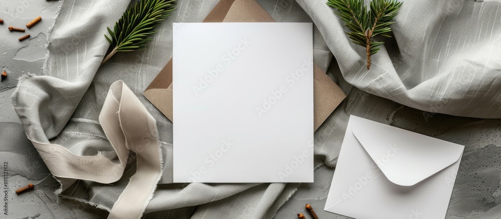 Poster gray fabric background for invitation card template with various elements including blank paper, gre