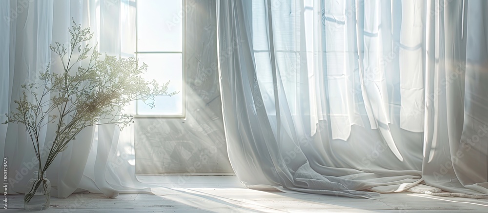 Poster White oil curtain hangs in front of window with a grey curtain on the side, showcasing a delicate and serene setting with a copy space image.