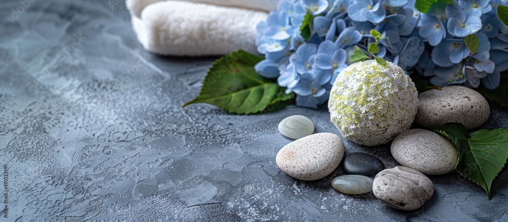 Aufkleber Hydrangea and stones with herbal ball, towel on grey backdrop create a serene composition with copy space image.