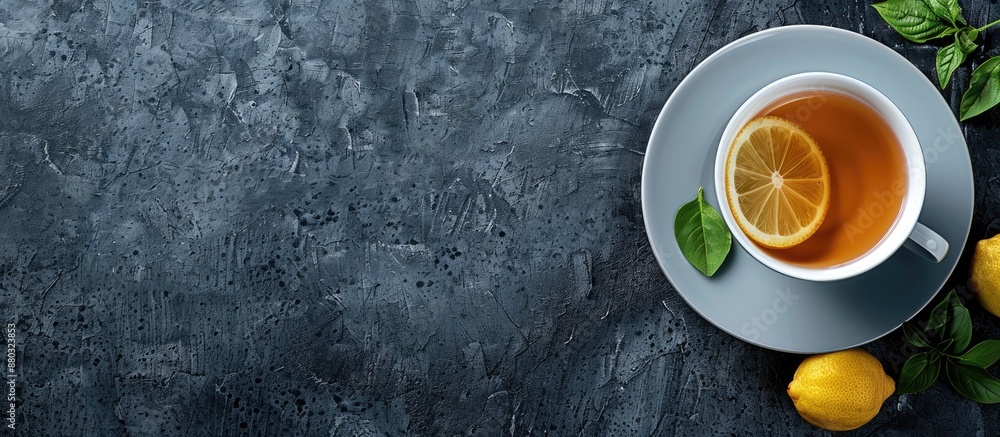 Poster tea time concept with a cup of tea and lemon on a dark concrete background, ideal for a copy space i