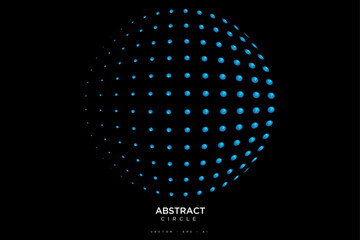 Abstract round 3d blue sphere consisting of dots in form of halftone. Scientific and technical frame illustration. Flat cartoon illustration. Objects isolated on black background.