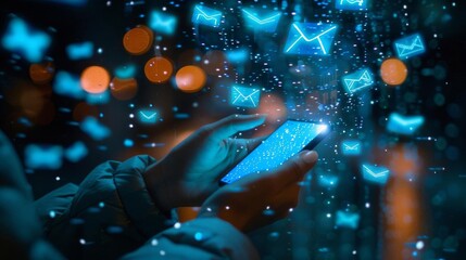 A hightech digital communication artwork featuring a hand holding a smartphone with holographic email icons emerging from the screen The floating envelopes are bathed in a soft blu