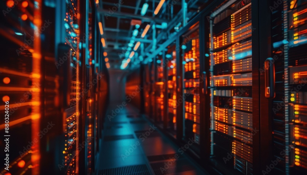 Aufkleber rows of server racks with bright lights in a modern data center. ai.