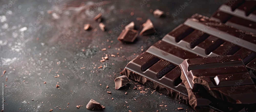 Poster close-up view of a delicious dark chocolate bar with ample copy space image.