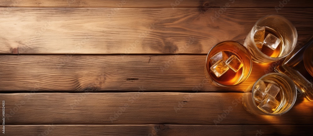 Leinwandbilder top-down view of a delicious whiskey arrangement displayed on a wooden surface, with a provision for