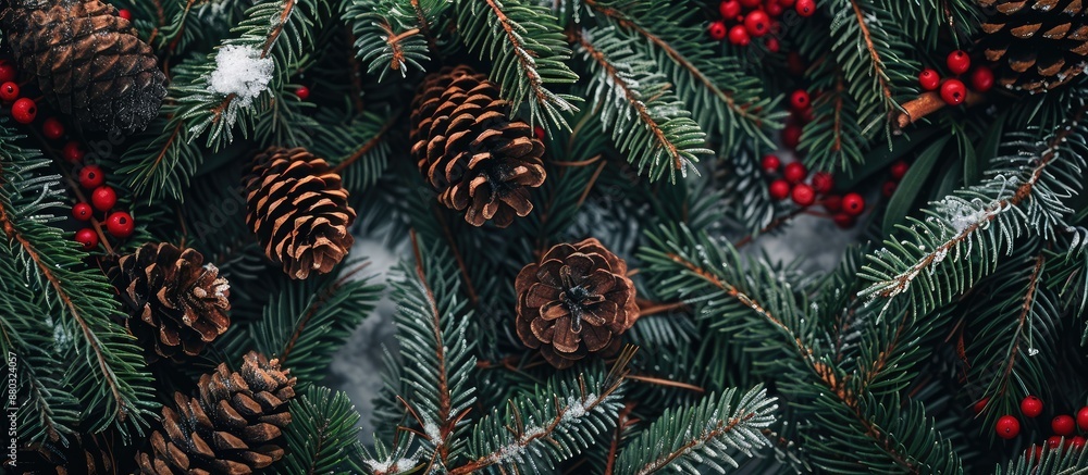 Poster top-down view of a christmas tree made of twigs, adorned with brown pine cones, red berries, and sno