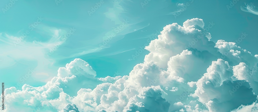 Poster a close-up of a serene blue sky with fluffy white clouds, with space for adding images.