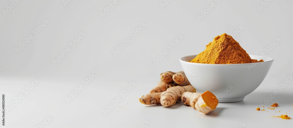 Poster Turmeric roots and powder showcased in a white bowl with a white backdrop, creating a visually appealing copy space image.