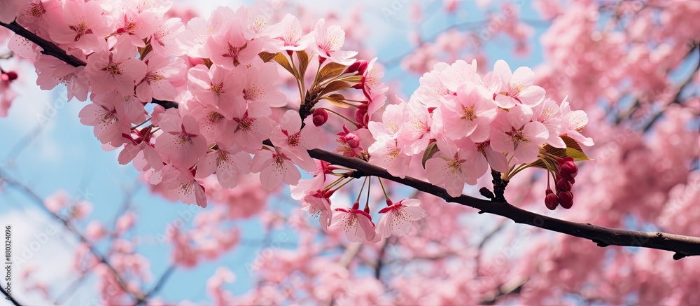 Fototapete spring blooms with pink flowers displayed on a tree in a copy space image.