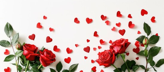 Valentine's Day celebration with beautiful roses and paper hearts on a white background that can be used as a copy space image.