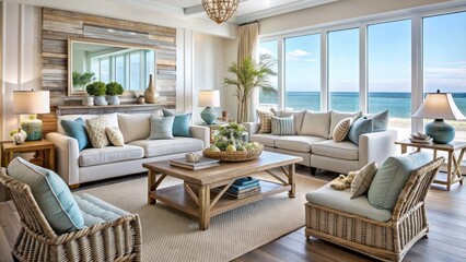 Fototapeta premium Serene coastal-style living room with driftwood accents, woven textiles, and calming ocean-inspired hues evoking relaxing beachy ambiance.