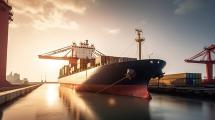 Cargo tanker in the port for unloading, loading. Export import of goods. Commercial delivery. AI generated.