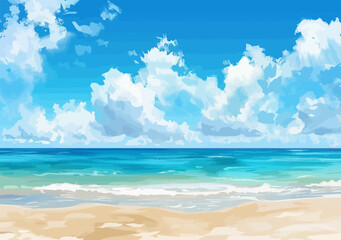 Watercolor Beach Ocean Landscape Vector Illustration.