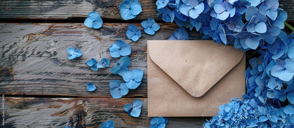 Poster a brown wooden background showcases hydrangea's blue petals with an envelope, providing copy space i