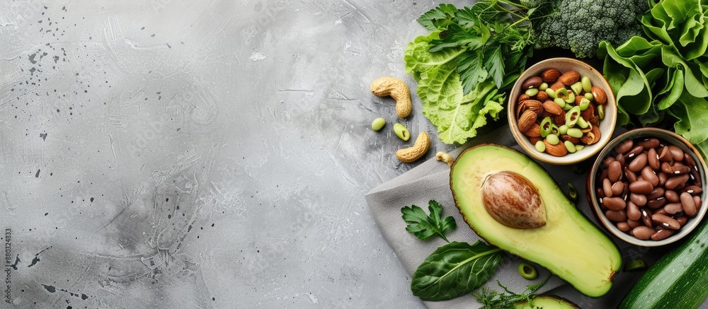 Poster a vegetable arrangement featuring greens, zucchini, avocado, and beans, topped with nuts on a gray b