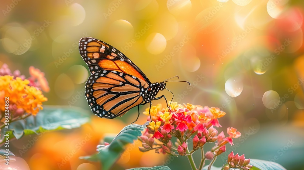 Poster macro photo of monarch butterflies gently sip the nectar of bright colorful flowers in a field with 