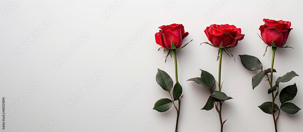 Poster Three vibrant red roses arranged in a line with ample space for text or graphics in the picture.