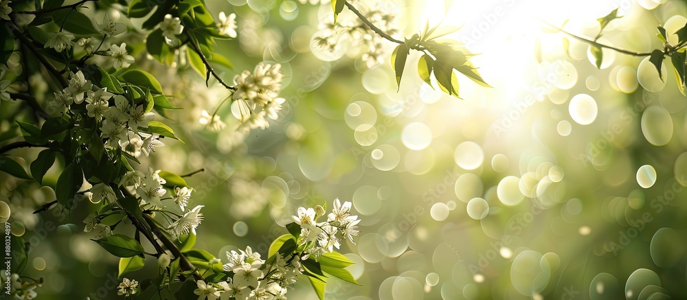 Poster in a windy spring forest, a bird cherry tree blooms, creating a picturesque scene with a copy space 