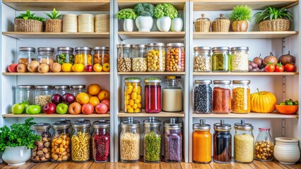 Vibrant, clutter-free kitchen pantry filled with an assortment of fresh fruits, whole grains, and nutritious snacks, perfectly arranged on shelves.