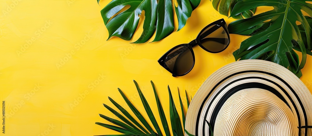Poster yellow background with beach accessories like sunglasses, a striped hat, and tropical monstera leave