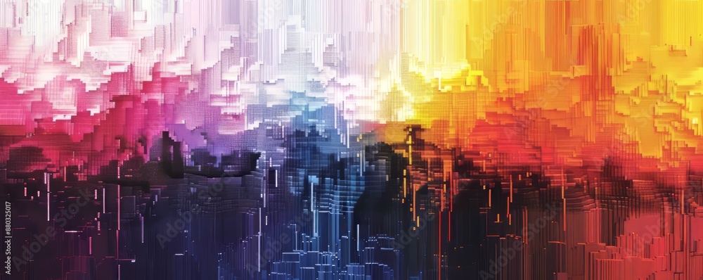 Poster a pixel art representation of a pixelated painter's brushstrokes on a canvas, bringing pixelated col