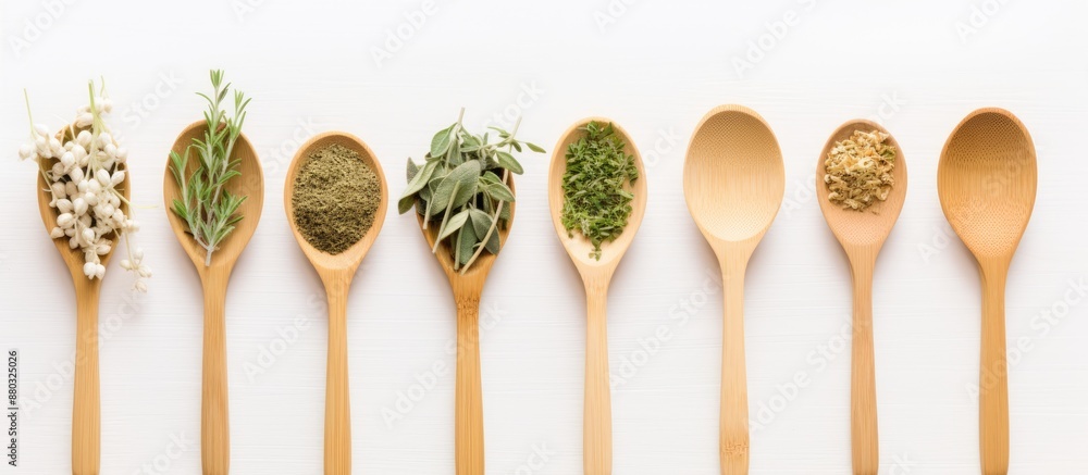 Aufkleber bamboo spoons with herbal leaves and powdered herbs displayed on a white wooden table with a blank s
