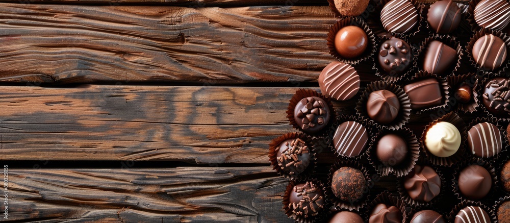 Fototapete delicious chocolate candies displayed on a rustic wooden surface from above, with space for text or 