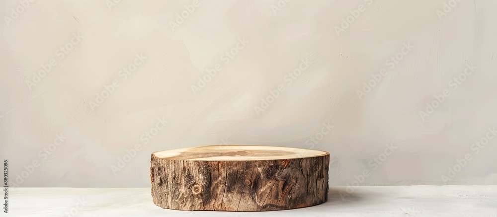Fototapete Rustic wooden log podium on a light studio backdrop with a minimal display for product presentation with copy space image.