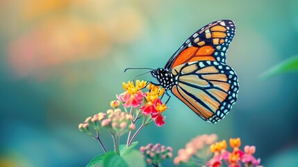 Fototapeta premium Macro photo of monarch butterflies gently sip the nectar of bright colorful flowers in a field with a soft blur of green fields in the background.
