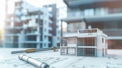 Modern architectural model with building blueprints.