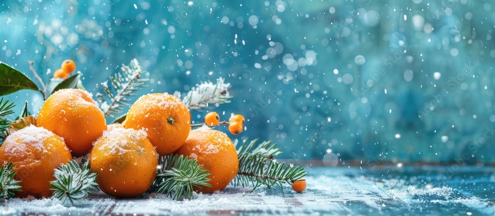 Poster a festive scene featuring tangerines, a fir branch, and falling snow on a retro-style blue backdrop,