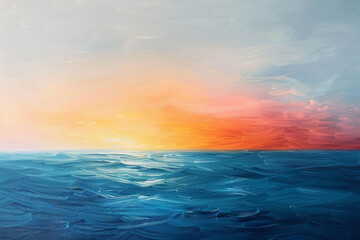 Obraz premium A serene sunset over calm ocean waves, painted in warm pink, orange, and blue tones.