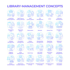 Library management blue gradient concept icons. Software for books managing. Security measures. Book circulation system. Icon pack. Vector images. Round shape illustrations. Abstract idea