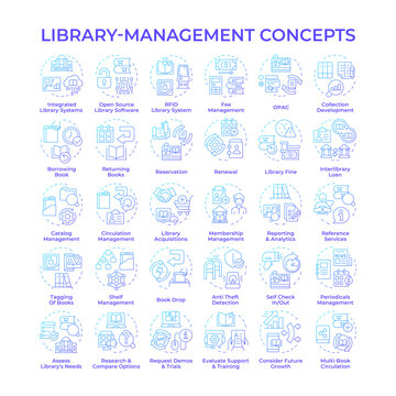 Library management blue gradient concept icons. Software for books managing. Security measures. Book circulation system. Icon pack. Vector images. Round shape illustrations. Abstract idea