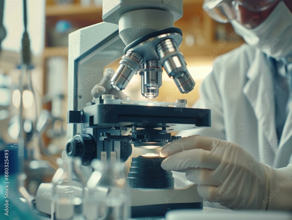 Poster scientist looking through a microscope in a laboratory. ai.