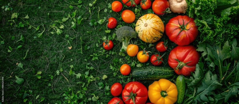 Poster fresh vegetables arranged on green grass in a garden, with an empty space for incorporating images.