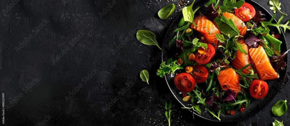 Poster salmon dish arranged to showcase freshness in a copy space image.