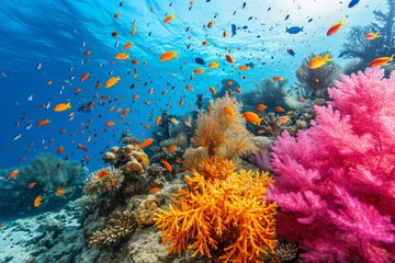 The Great Barrier Reef hosts a wide array of coral varieties in its waters, A vibrant coral reef with diverse marine life AI generated