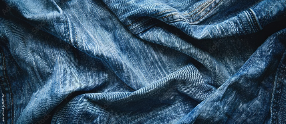 Poster fashionable design displayed on denim fabric, offering a classic blue jeans background with empty co
