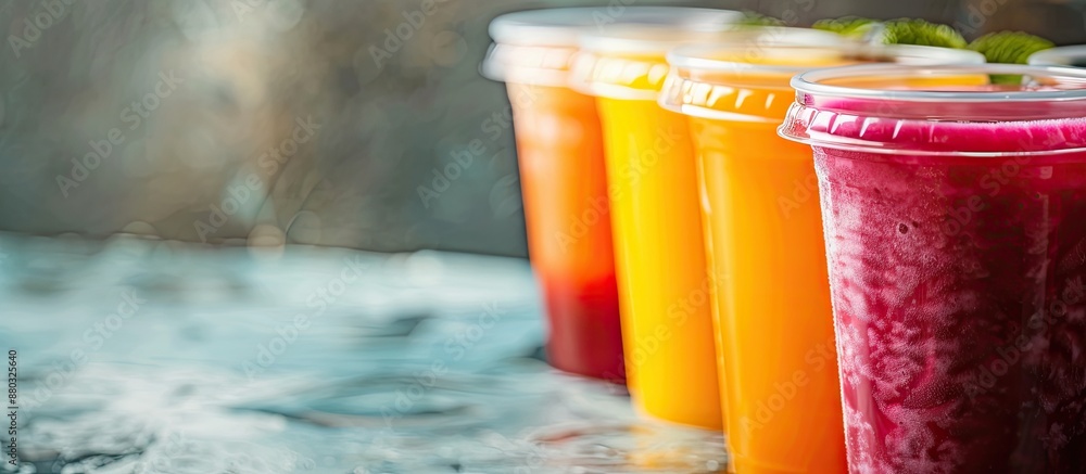 Poster variety of colorful fruit juices in a to-go plastic cup with a copy space image available.