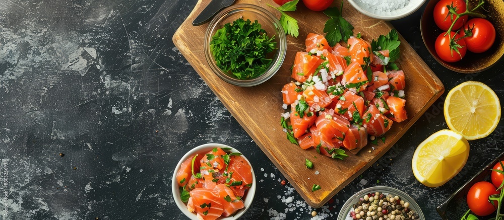 Poster salmon tartare ingredients displayed beautifully on a cutting board in a top-down view with ample co