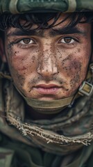 Fototapeta premium Portrait of a young soldier with determination in his eyes. AI.